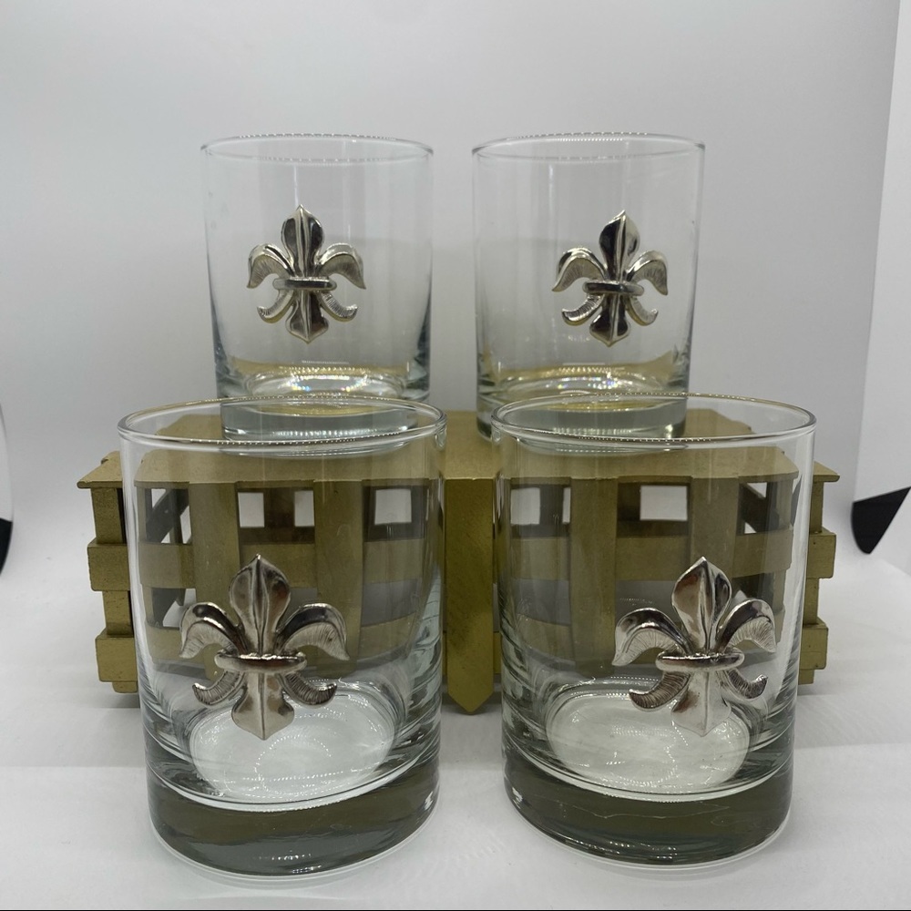 Set of 4 Glass & Pewter Fleur De Lis Tumbler